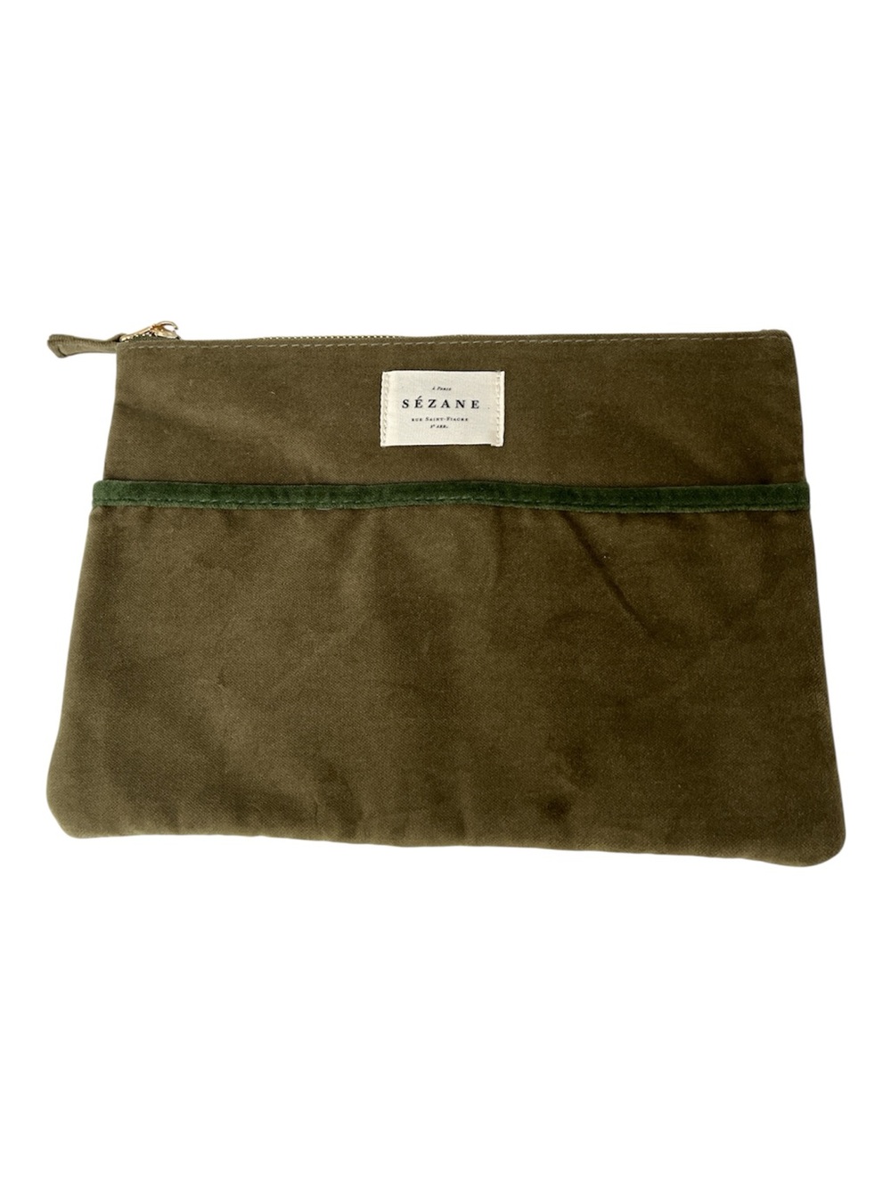 Sezane Olive Green Velvet Zip Clutch Cosmetic Bag Case NWOT